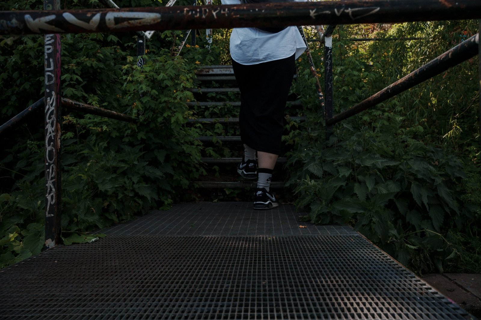 A figure climbing a metal stair through dense greenery, seen from below, graffiti on the rail.