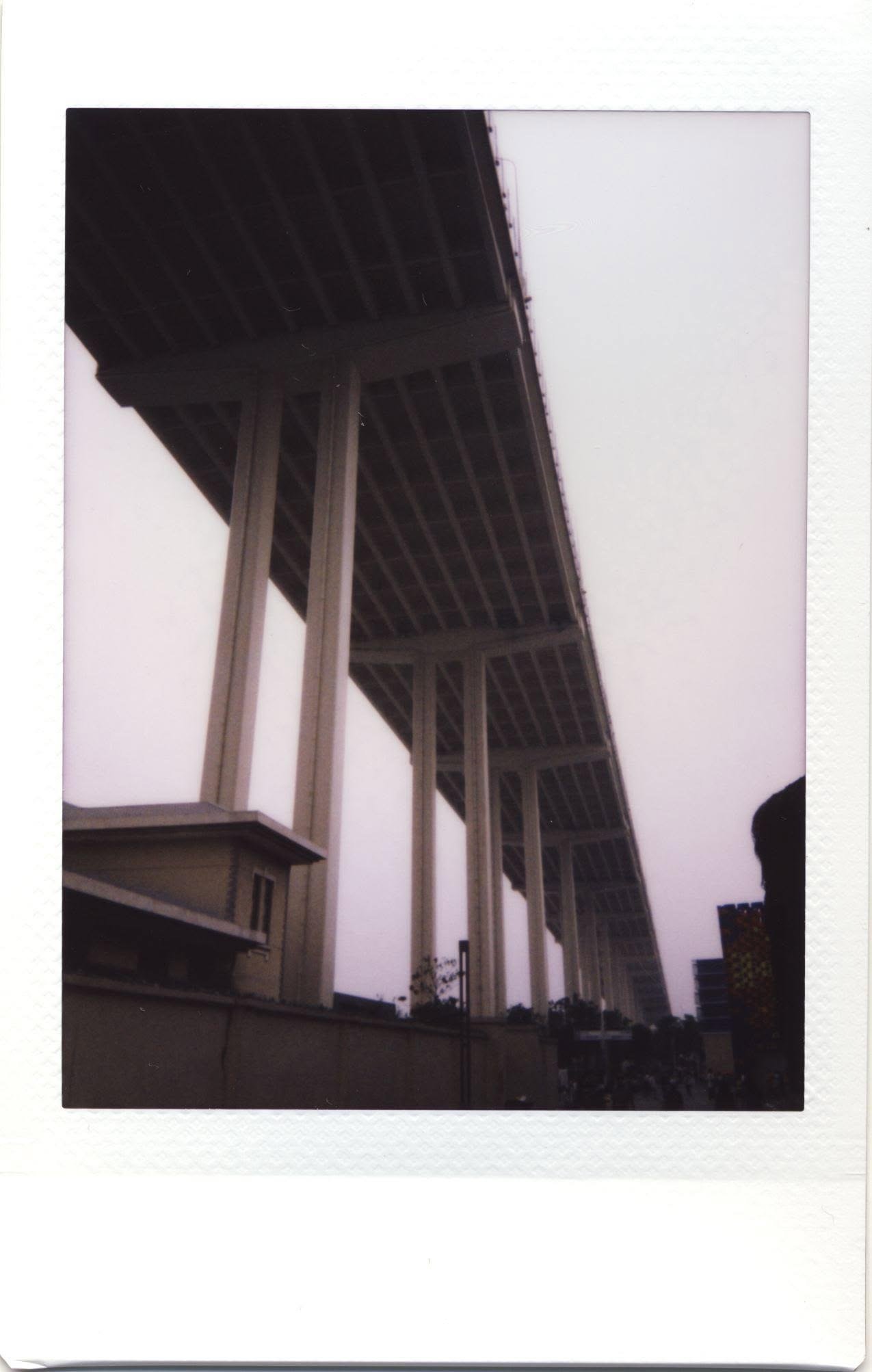 An elevated expressway photographed from directly underneath, columns receding into haze.